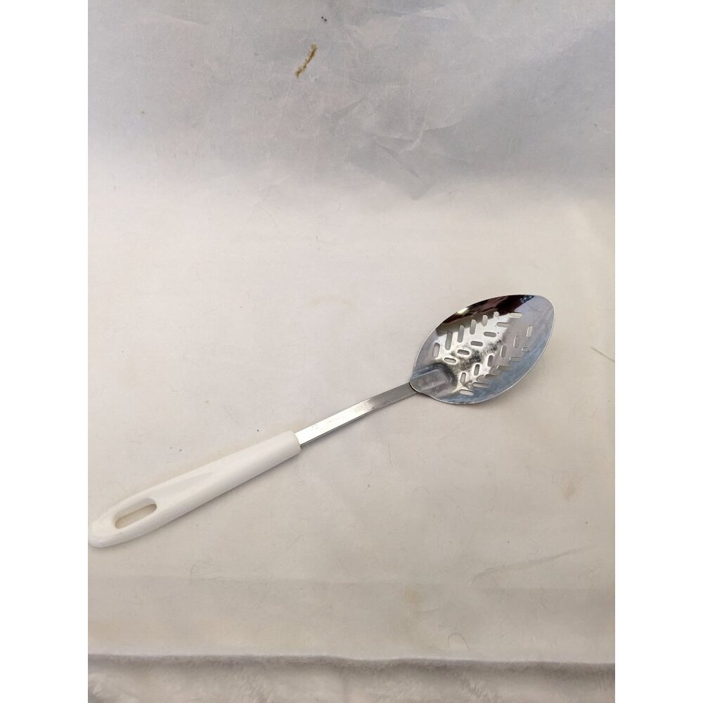 Vintage Slotted Serving Spoon White Handle 12 1/2"
